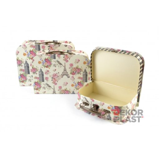 Papírbőrönd rózsás 3db (krém)